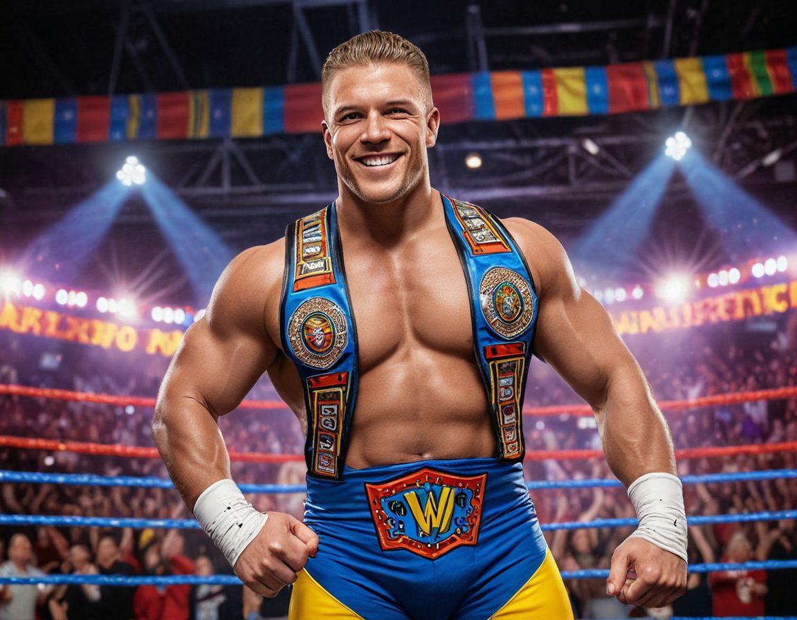 A strong wrestler in a colorful wrestling ring, holding a shield emblazoned with a dollar sign to symbolize affordable insurance. The background features fans cheering with banners promoting safety and security, while a calculator and documents are artistically placed on the ring apron. Vibrant colors. dynamic composition. super-realistic.