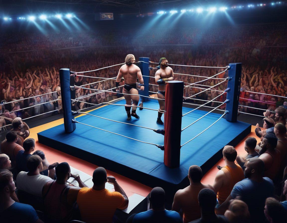 An illustration of a wrestling ring surrounded by a shield, symbolizing insurance coverage. In the foreground, diverse wrestlers (different genders and ethnicities) are planning strategies, with a notepad that has graphs and coverage metrics. The background features a cheering crowd and banners showcasing different promotions. The whole scene conveys a sense of teamwork and protection in the wrestling world. super-realistic. vibrant colors. dynamic composition.