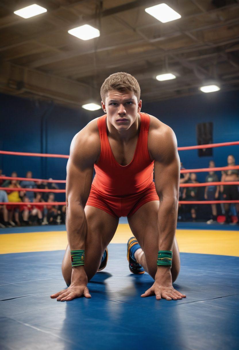 A dynamic scene of a young wrestler training in a vibrant gym, showcasing the journey from amateur to pro. Include a veteran coach giving advice, a wrestling ring in the background, insurance plans visually represented as protective shields around the wrestlers. The atmosphere is filled with energy and determination, symbolizing growth and safety. bright colors. super-realistic.